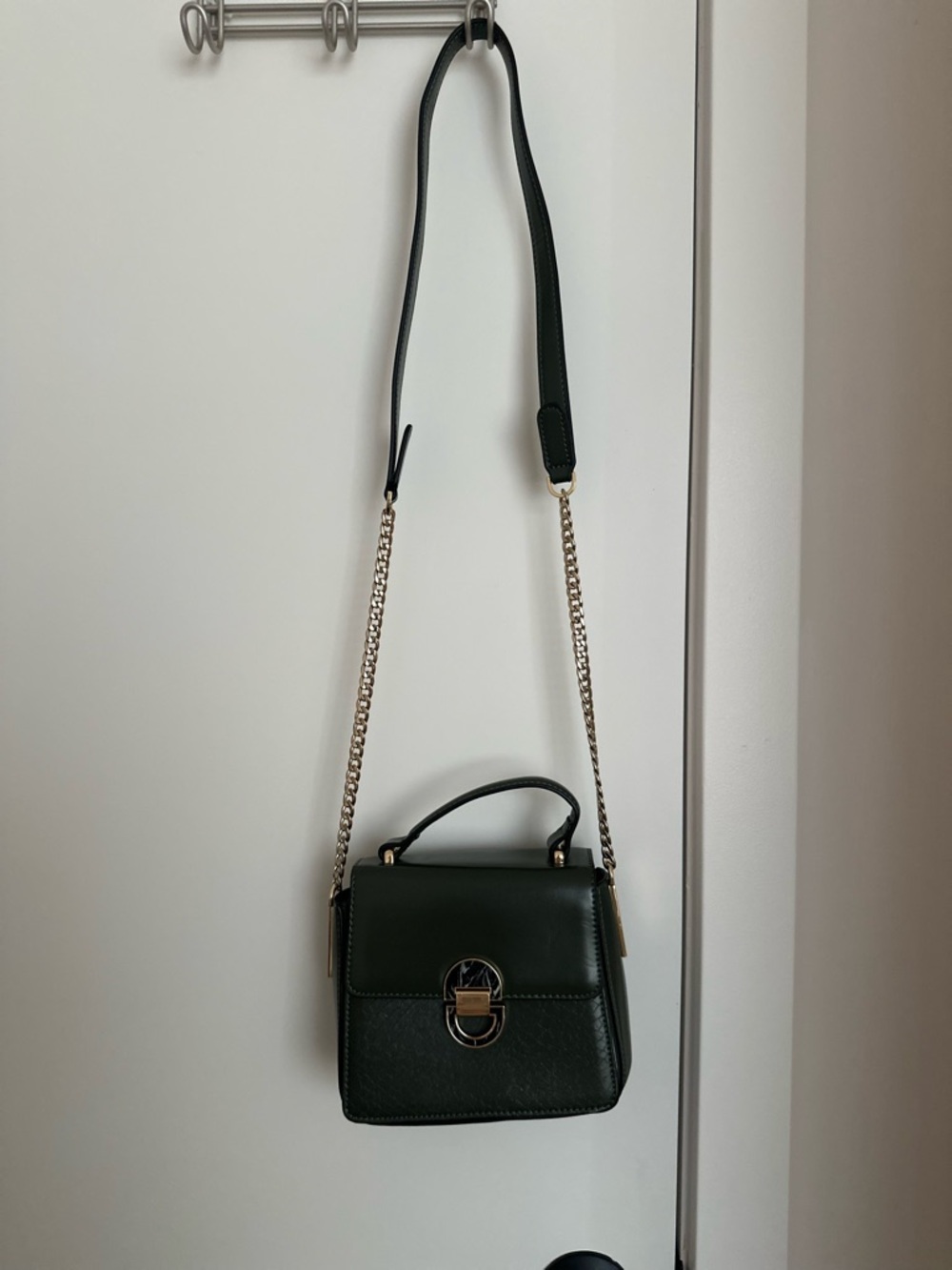 Mango Dark Green Crossbody Bag with Gold Chain